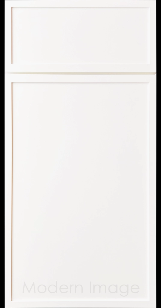 Close-up of a Frost White Arcadia shaker-style cabinet door, featuring a slim stile and rail surrounding a flat center panel